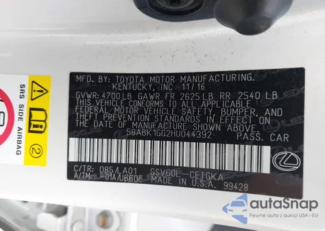 2017 Lexus Es 350 z USA, uszkodzony, nr VIN 58ABK1GG2HU044392